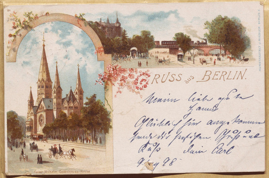 Vorschaubild Berlin: Kaiser-Wilhelm-Gedächtniss-Kirche. Postkarte Kunstanstalt J. Miesler, Berlin, versendet 1898